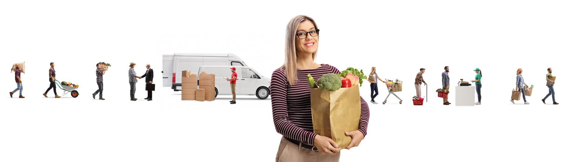 Young woman with a grocery bag and food supply chain from farm to the market