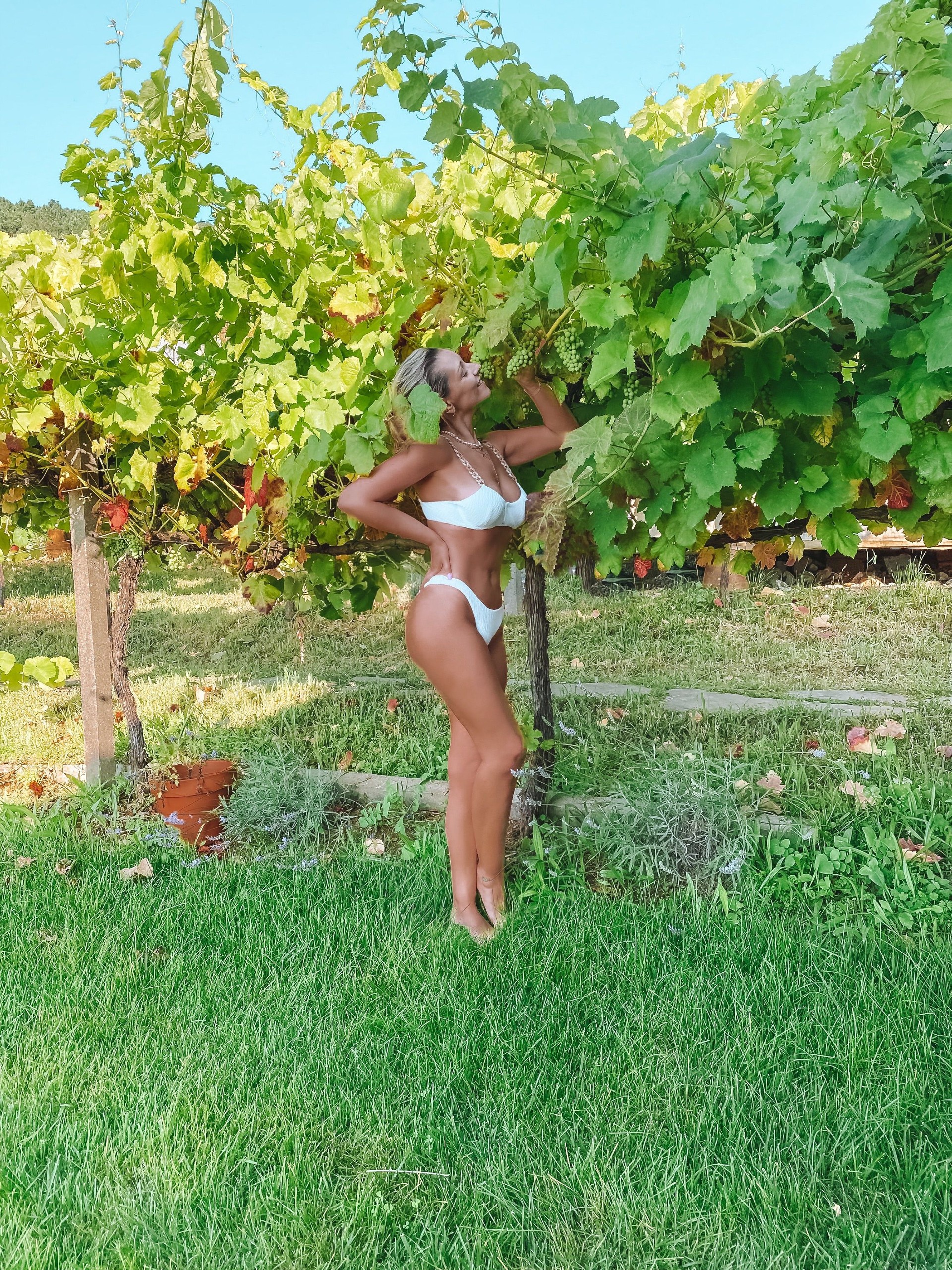 Blonde woman in a white bikini smelling grapes in a vineyard posing photography Portugal