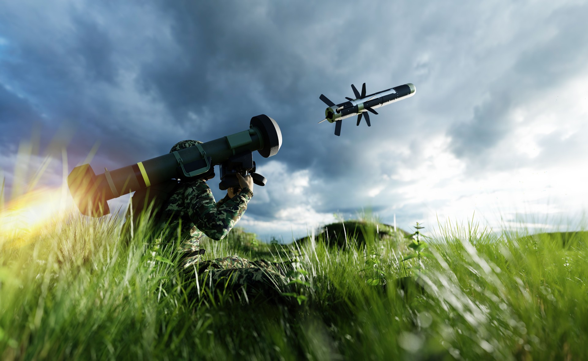 Soldier firing anti-tank missile at war